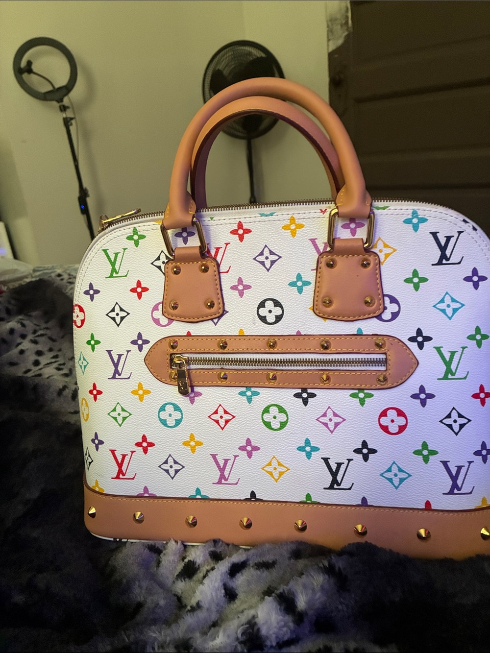 Louis Vuitton White Multicolor Monogram Alma PM Satchel with Tan Trim